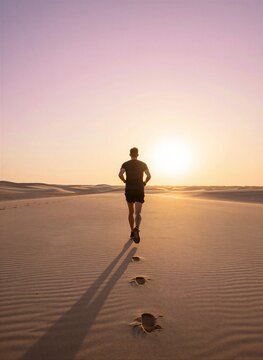 Captures Person Running On To Sand Dunes Sunset Sunrise Individual Viewed From Behind Emphasizing Silhouette Effect Created By Backlighting Of Sun