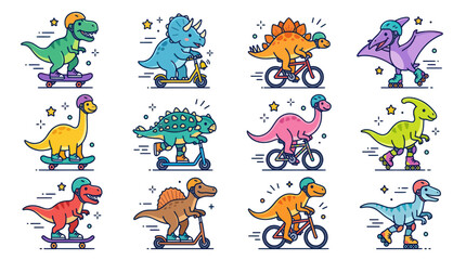 Cute Cartoon Dinosaurs Riding Skateboards, Scooters, and Bikes © Duki
