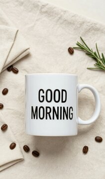 White Ceramic Mug With Phrase Good Morning Printed In Bold Black Capital Letters On Side Placed Centrally Against Soft Textured Background To Light