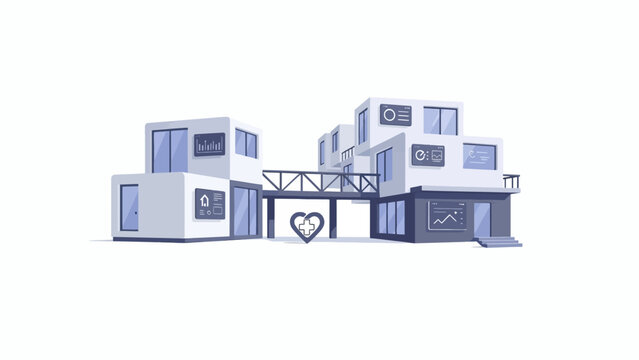 A modern modular medical facility building with a heart symbol icon