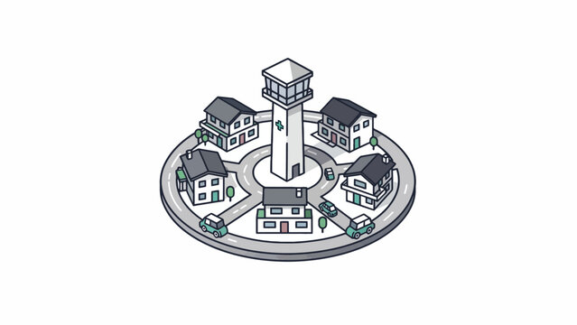 An isometric illustration of a small town with a central tower and circular road