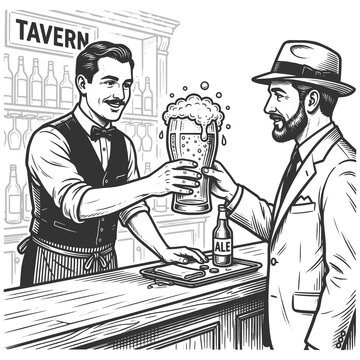bartender and gentleman clinking tall foamy beer glasses across a pub counter sketch engraving generative ai fictional character raster illustration. Scratch board imitation. Black and white image.