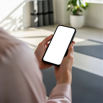 Hands holding a blank screen smartphone mockup on home.