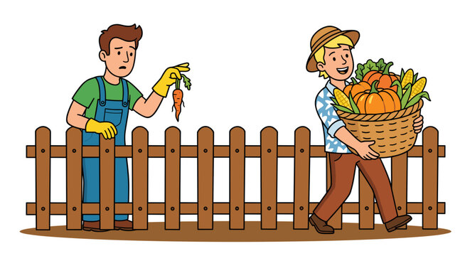 Jealous farmer with small carrot looking at neighbor's big harvest