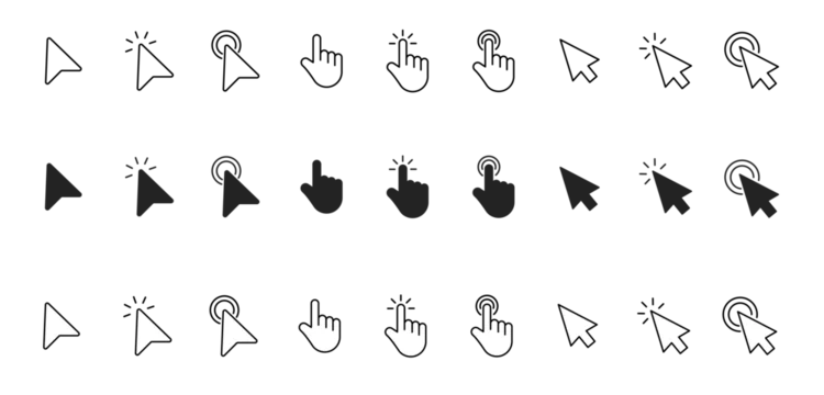 computer mouse cursor icon pack. website click arrow hand pointer for digital interactive screens and interface design