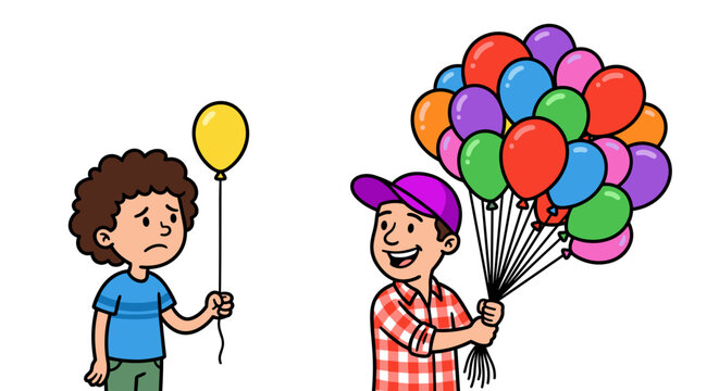 Sad child feeling jealous while holding a single yellow balloon