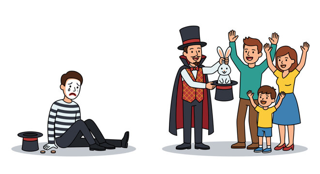 Sad mime feeling jealous of a magician entertaining a happy family
