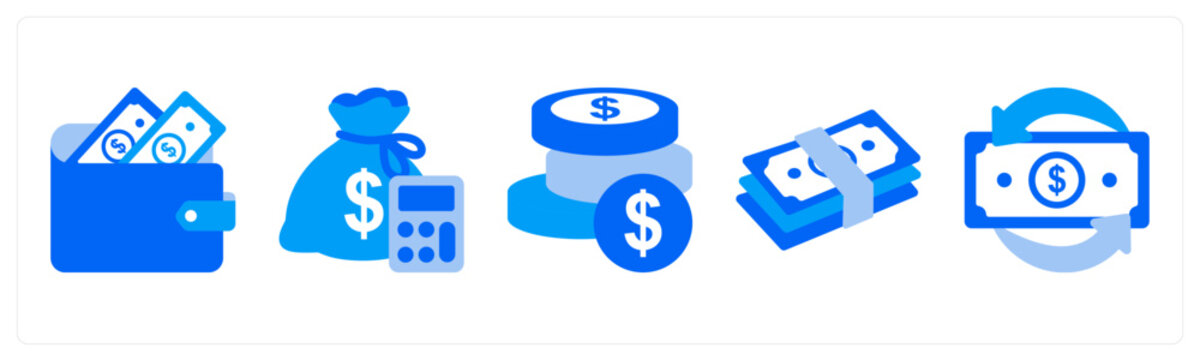 A set of 5 monochrome icons as budget, expense, ledger