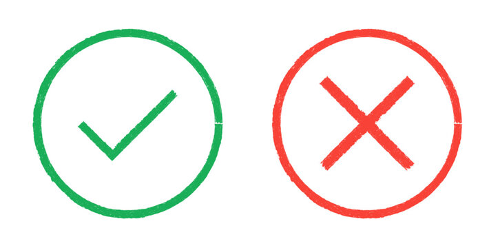 check and cross icons. green tick checkmark and red cross mark in circles for correct incorrect selection, choice approval, validation status, and evaluation voting