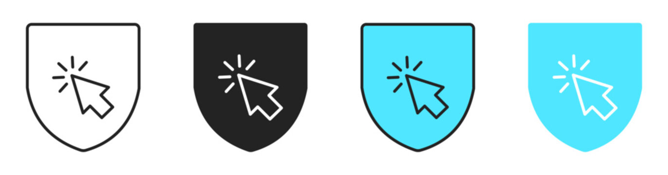 secure shield click icon. cybersecurity shield with mouse cursor pointer for safe link browsing and data defense validation