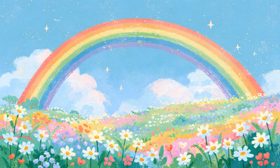 Naklejka premium a cheerful rainbow arching over a pastel colored meadow full of daisies, bright blue sky, joyful whimsical atmosphere, watercolor and painterly style