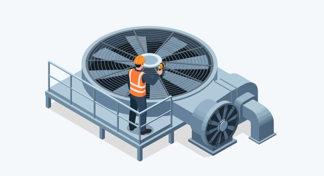 Industrial worker inspecting large outdoor ventilation fan unit.