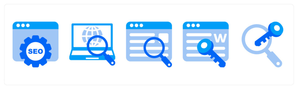 A set of 5 monochrome icons as search analytics, website ranking, ranking