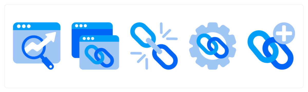 A set of 5 monochrome icons as domain authority, page authority, meta tag
