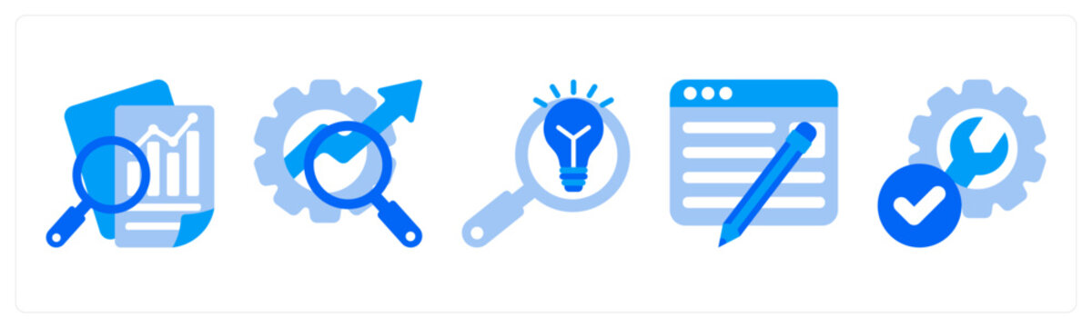 A set of 5 monochrome icons as blog, data mining, website speed