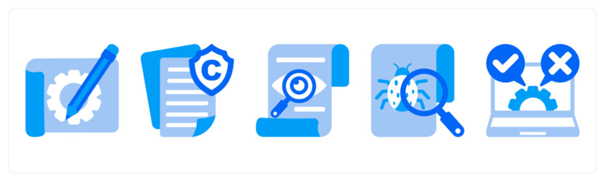 A set of 5 monochrome icons as source code, email marketing, seo content
