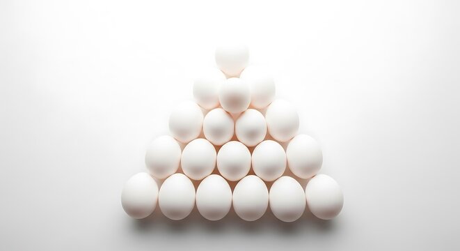 Eggs are arranged in a precise triangular pyramid formation on a clean white surface to create a symmetrical pattern that highlights the texture and organic shape of these natural objects.