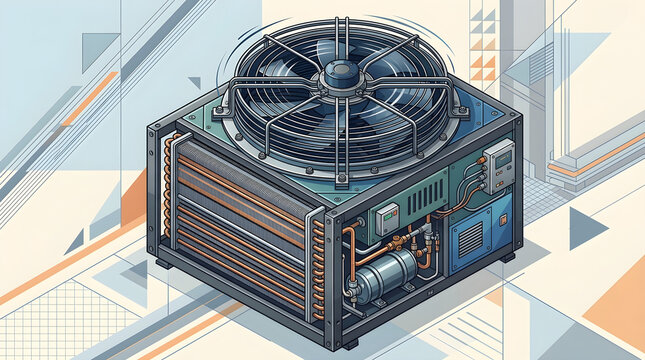 Industrial HVAC Condenser Unit Vector Illustration with Cooling Fan Compressor and Heat Exchange System
