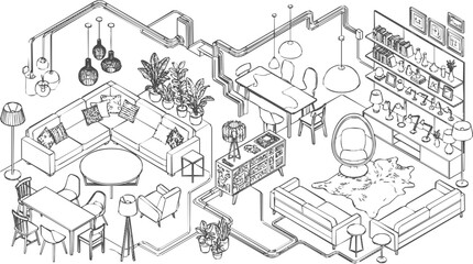 Obraz premium Hand Drawn Isometric Interior Design Floor Plan Showing a Detailed Modern Furniture Layout for a Living and Dining Room Sketch