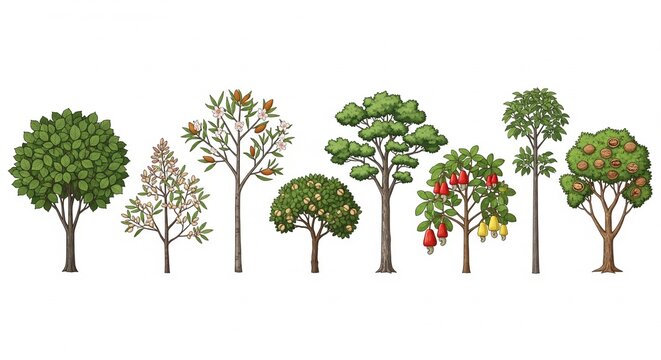 Set of hand drawn illustrations showing various nut and fruit trees