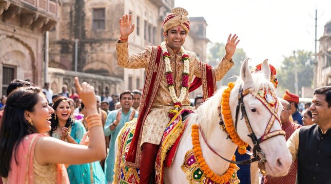 Happy Indian Groom Riding White Horse During Traditional Baraat Wedding Procession in Rural Village
