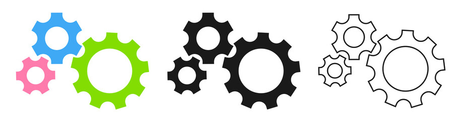 Fototapeta na wymiar Three cogs vector illustration. Gear wheel icon outline, black and color style