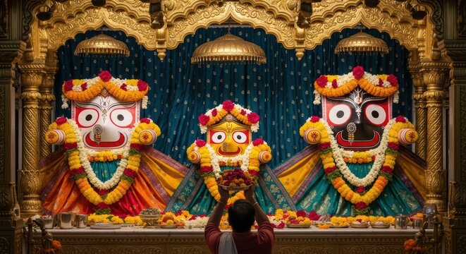 Indian priest performing Vedic ritual for Jagannath Balabhadra and Subhadra deities in golden temple