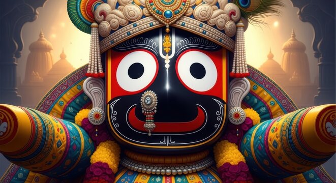 Ornate Lord Jagannath Deity Illustration for Vedic Spiritual Home Decor and Festival Art