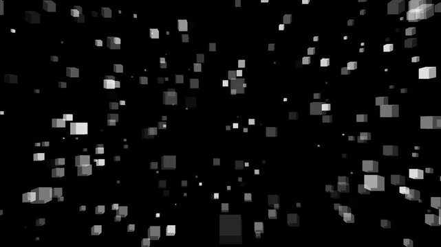 Floating Square Particles, Abstract Geometric Motion, White Cube Overlay, Black Background Squares, Digital Bokeh Animation, Flying Particle Background