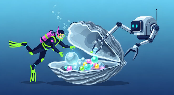 Ai robot and human scuba diver finding pearls in a giant shell