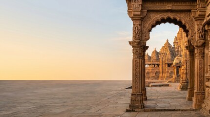 Fototapeta premium Intricate stone carvings on ancient Hindu temple archway, sunset view of Vedic heritage site for spiritual meditation.