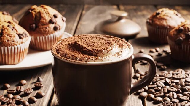 Steaming mug of coffee dessert with whipped cream and cocoa powder on a rustic wooden table surrounded by roasted coffee beans and chocolate chip muffins in a dark warm setting.