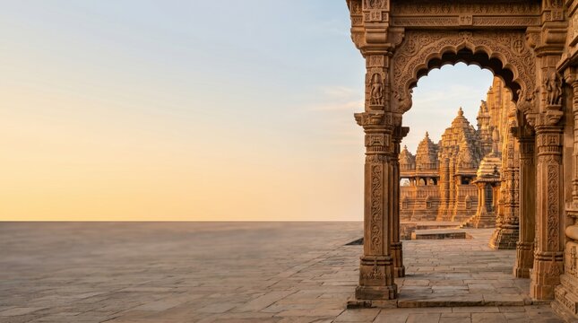 Intricate stone carvings on ancient Hindu temple archway, sunset view of Vedic heritage site for spiritual meditation.