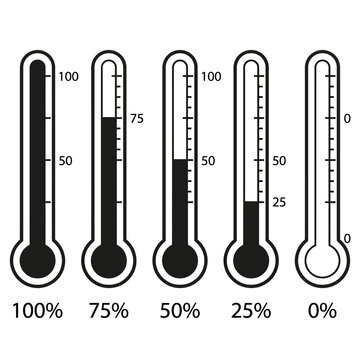 thermometer percentage level progress measurement icons showing different fill levels useful for indicating status or data visualization.