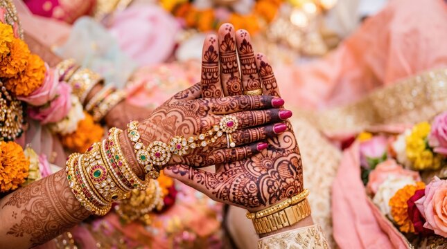 Marwari bride hands with henna mehndi and gold jewelry at traditional Indian wedding ceremony.