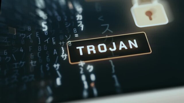 Trojan Threat Visualization with Lock Icon and Streaming Data Background