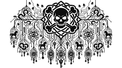 Fototapeta premium cyber security digital threat illustration of skull and crossbones trojan horses and circuit patterns symbolizing hacking.