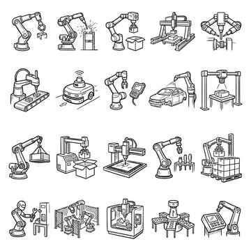 Comprehensive hand-drawn collection of industrial robot automation and manufacturing sketch icons representing modern smart factory machinery