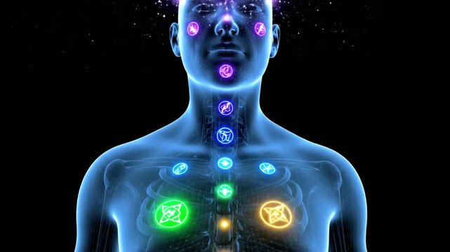 A human body with glowing chakras aligned along the spine