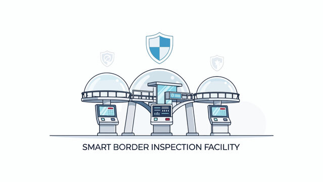 A digital illustration of a modern automated security checkpoint station