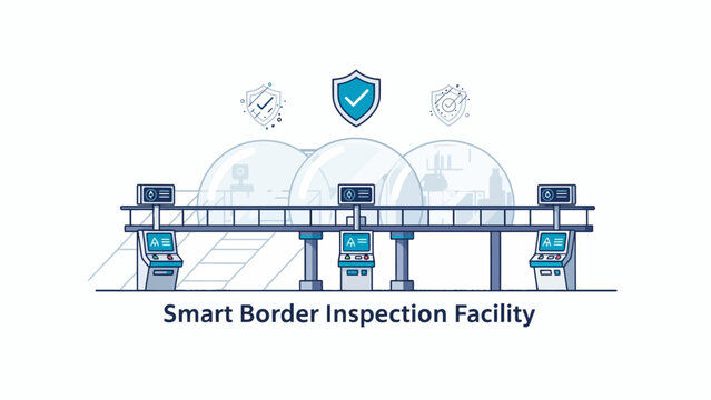 A digital illustration of an automated security checkpoint with protective domes