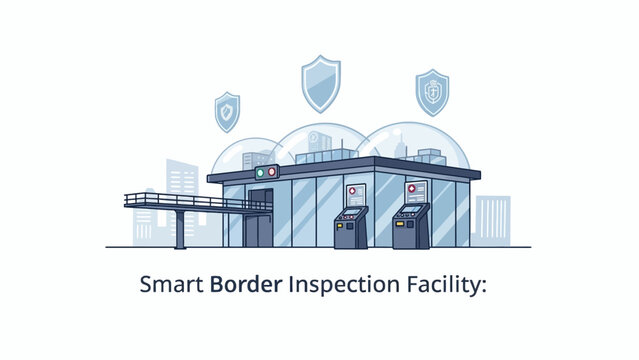 A modern automated security checkpoint building with digital protection shields