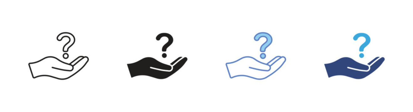 Hand holding question mark icon set, Help and support symbols, Inquiry assistance vector icons, FAQ guidance signs, Customer service vector icons