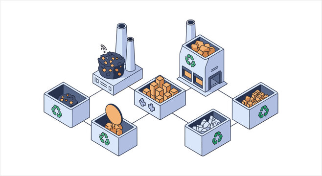 Recycling process illustration with factories and bins.
