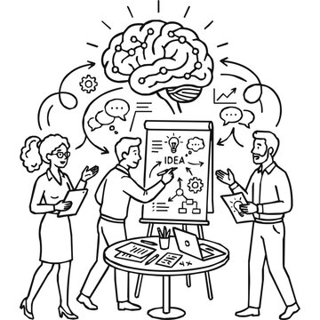 Strategy - Creative Business Team Brainstorming for a Great Idea through Collaboration and Strategic Thinking in a Modern Workspace Sketch