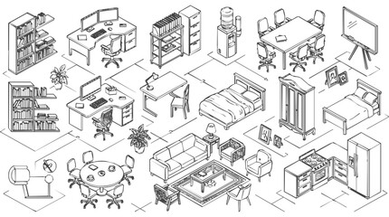 Obraz premium Collection of isometric furniture and office equipment for interior design and floor plan creation in a hand drawn sketch style