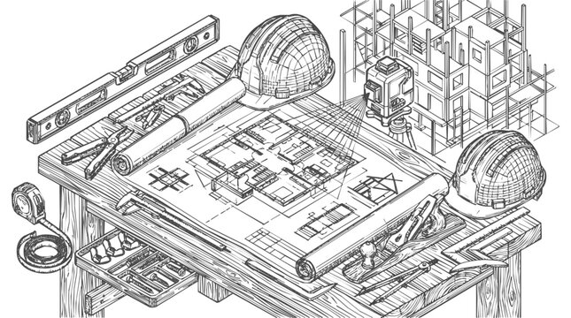 Detailed Architectural Blueprint with Construction Tools and Floor Plan on a Workbench at a Building Site with Engineer Equipment Sketch