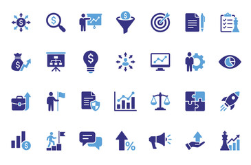 Fototapeta premium Business icon set containing finance, strategy, analytics, growth and planning glyph symbols for startup and corporate projects.