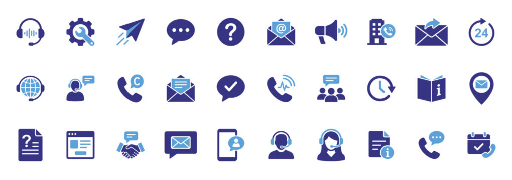 Contact Us icon set showcasing customer support, communication, help desk and contact channel glyphs for service interfaces.