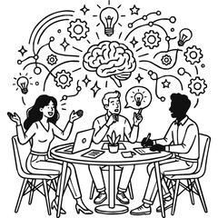 Fototapeta premium Collaboration, innovation - Creative brainstorming session with a diverse team in a meeting where a large brain generates new ideas and innovative
